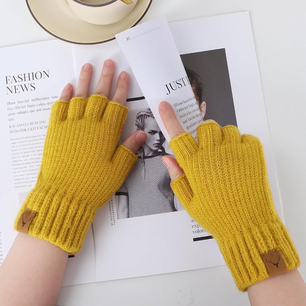 Women's Pure-Yellow Half Fingers Fingerless Cozy Lining Knitted Mittens Gloves - Picture 3 of 5